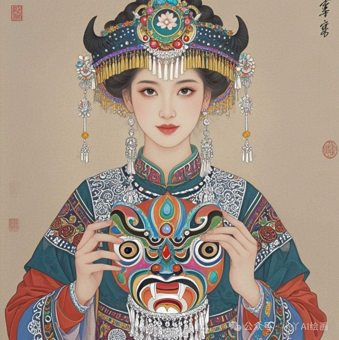 工笔——傩戏面具少女