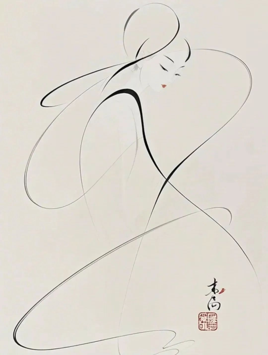 仅靠墨色的浓淡虚实，一笔笔勾勒出古风少女的绰约风姿